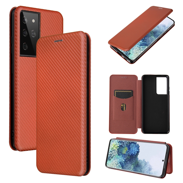 

For Samsung Galaxy S21 Ultra 5G Carbon Fiber Texture Magnetic Horizontal Flip TPU + PC + PU Leather Case with Card Slot(Brown)