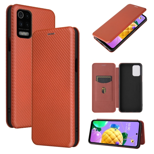 

For LG K52 / K62 Carbon Fiber Texture Magnetic Horizontal Flip TPU + PC + PU Leather Case with Card Slot(Brown)