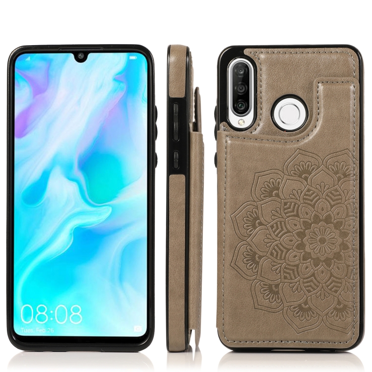 

For Huawei P30 Lite Double Buckle Mandala Pattern PU+TPU Protective Case with Card Slots & Holder & Photo Frame(Grey)