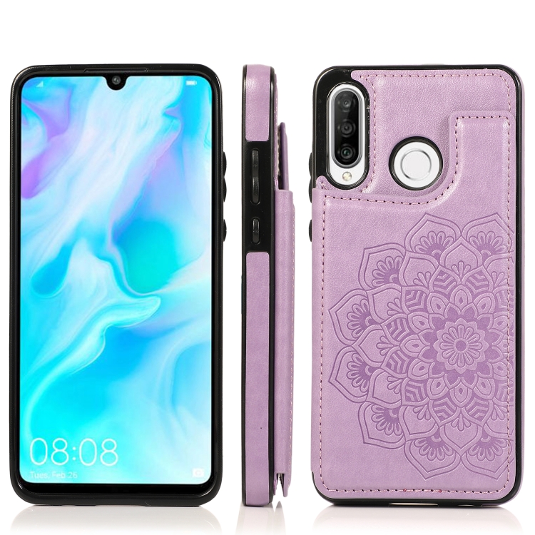 

For Huawei P30 Lite Double Buckle Mandala Pattern PU+TPU Protective Case with Card Slots & Holder & Photo Frame(Purple)
