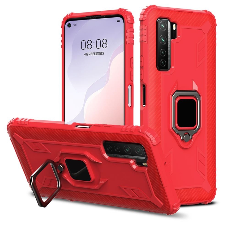 

For Huawei Nova 7 SE Carbon Fiber Protective Case with 360 Degree Rotating Ring Holder(Red)