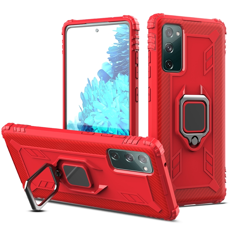 

For Samsung Galaxy S20 FE Carbon Fiber Protective Case with 360 Degree Rotating Ring Holder(Red)