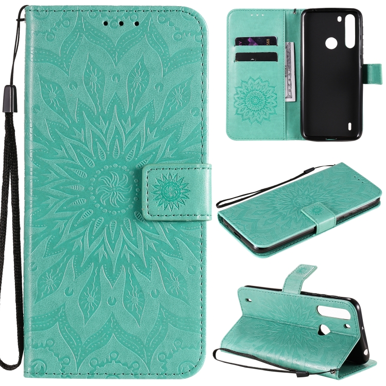 

For Motorola One Fusion Pressed Printing Sunflower Pattern Horizontal Flip PU Leather Case with Holder & Card Slots & Wallet & Lanyard(Green)