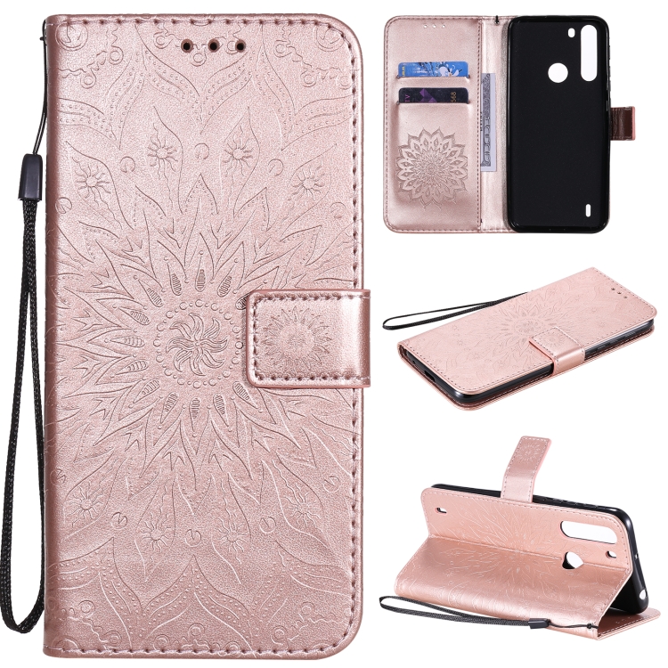

For Motorola One Fusion Pressed Printing Sunflower Pattern Horizontal Flip PU Leather Case with Holder & Card Slots & Wallet & Lanyard(Rose Gold)