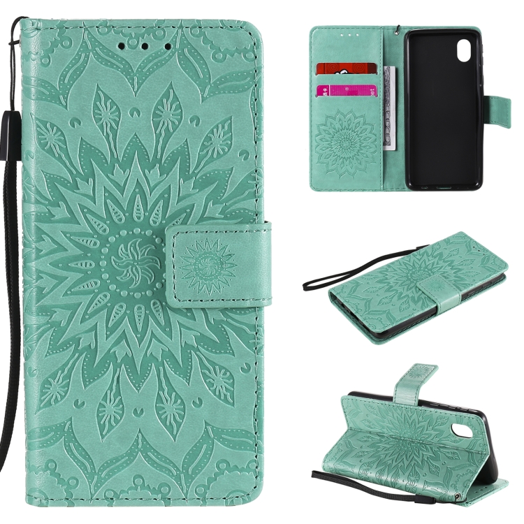 

For Samsung Galaxy A01 Core Pressed Printing Sunflower Pattern Horizontal Flip PU Leather Case with Holder & Card Slots & Wallet & Lanyard(Green)