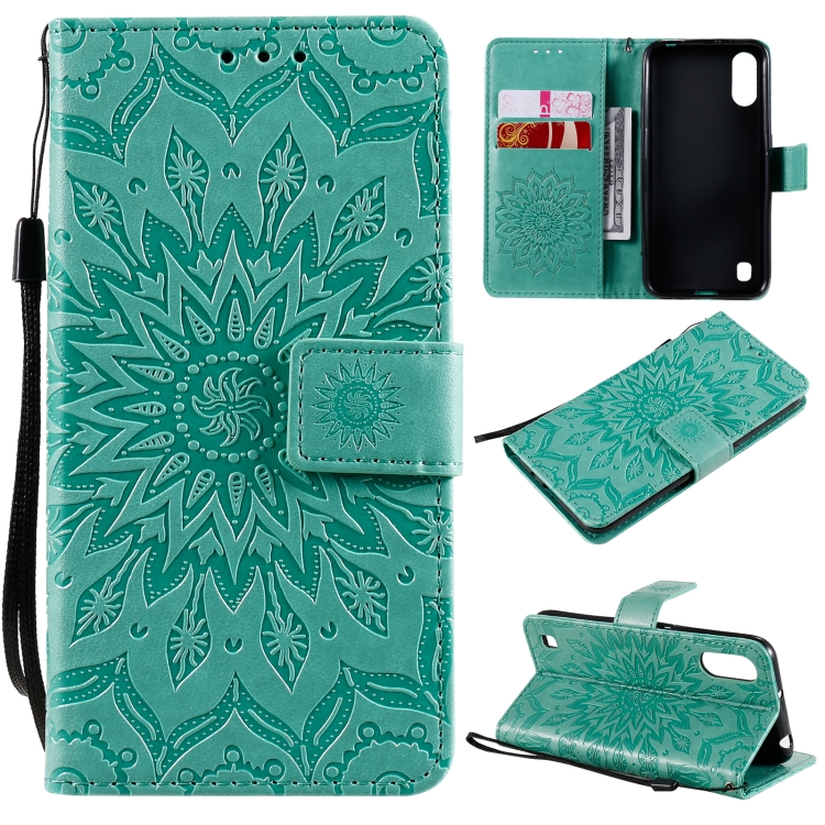 

For Samsung Galaxy A01(US Version) Pressed Printing Sunflower Pattern Horizontal Flip PU Leather Case with Holder & Card Slots & Wallet & Lanyard(Green)