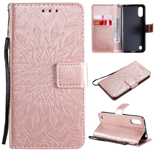 

For Samsung Galaxy A01(US Version) Pressed Printing Sunflower Pattern Horizontal Flip PU Leather Case with Holder & Card Slots & Wallet & Lanyard(Rose Gold)