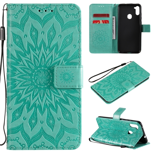 

For Samsung Galaxy A11(US Version) Pressed Printing Sunflower Pattern Horizontal Flip PU Leather Case with Holder & Card Slots & Wallet & Lanyard(Green)