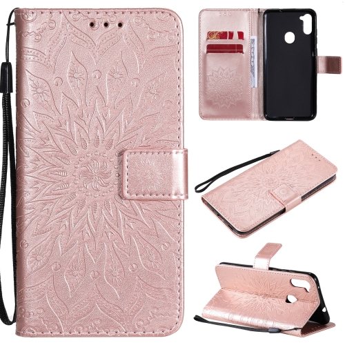 

For Samsung Galaxy A11(US Version) Pressed Printing Sunflower Pattern Horizontal Flip PU Leather Case with Holder & Card Slots & Wallet & Lanyard(Rose Gold)