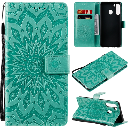 

For Samsung Galaxy A21(US Version) Pressed Printing Sunflower Pattern Horizontal Flip PU Leather Case with Holder & Card Slots & Wallet & Lanyard(Green)