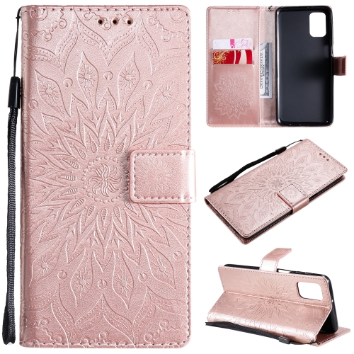 

For Samsung Galaxy M31s Pressed Printing Sunflower Pattern Horizontal Flip PU Leather Case with Holder & Card Slots & Wallet & Lanyard(Rose Gold)