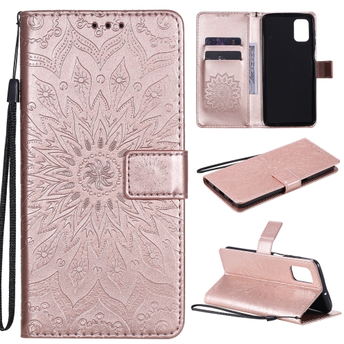 

For Samsung Galaxy M51 Pressed Printing Sunflower Pattern Horizontal Flip PU Leather Case with Holder & Card Slots & Wallet & Lanyard(Rose Gold)