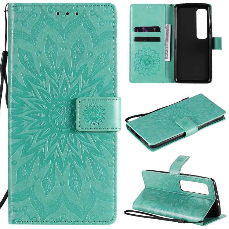 

For Xiaomi Mi 10 Ultra Pressed Printing Sunflower Pattern Horizontal Flip PU Leather Case with Holder & Card Slots & Wallet & Lanyard(Green)