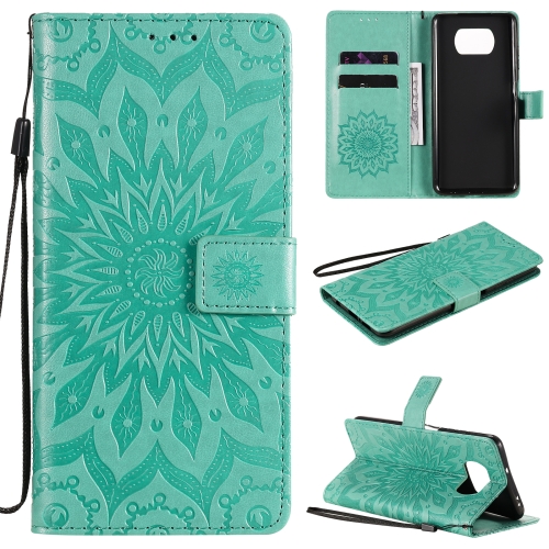 

For Xiaomi Poco X3 NFC Pressed Printing Sunflower Pattern Horizontal Flip PU Leather Case with Holder & Card Slots & Wallet & Lanyard(Green)