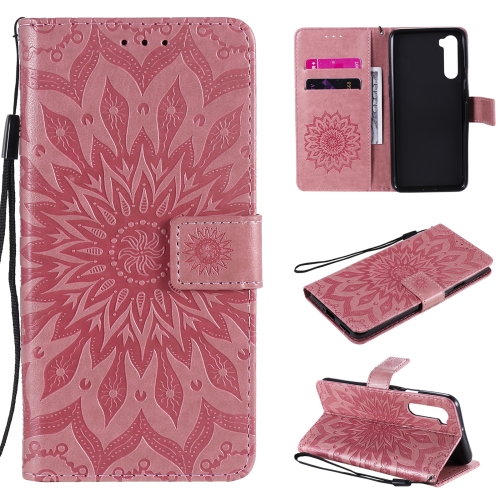 

For OnePlus Nord Pressed Printing Sunflower Pattern Horizontal Flip PU Leather Case with Holder & Card Slots & Wallet & Lanyard(Pink)