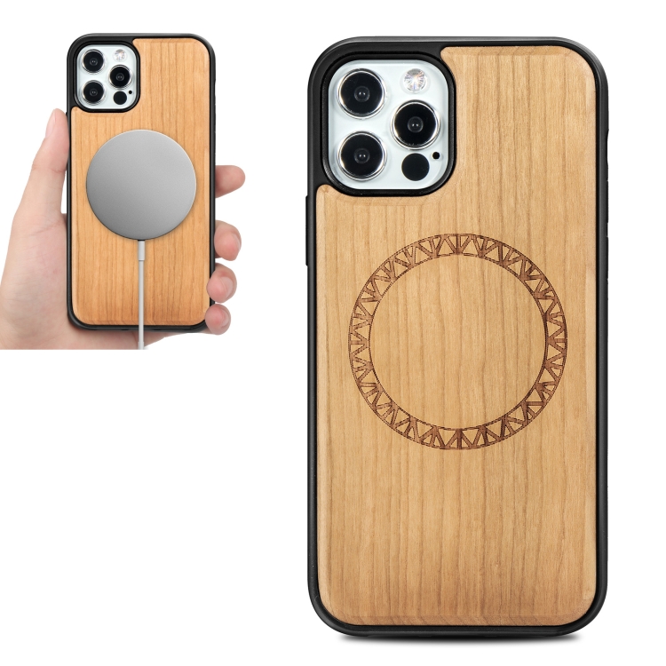 

Wood Veneer Ring Embossed Magsafe Case Magnetic TPU Shockproof Case For iPhone 12 mini(Cherry Wood)