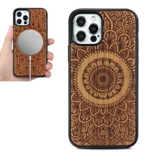 

Wood Veneer Mandala Embossed Magsafe Case Magnetic TPU Shockproof Case For iPhone 12 Pro Max(Cherry Wood)