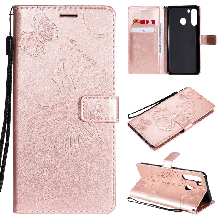 

For Samsung Galaxy A21 3D Butterflies Embossing Pattern Horizontal Flip Leather Case with Holder & Card Slot & Wallet(Rose Gold)