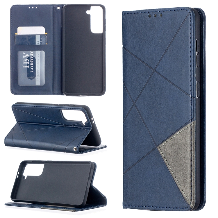 

For Samsung Galaxy S21 5G Rhombus Texture Horizontal Flip Magnetic Leather Case with Holder & Card Slots(Blue)