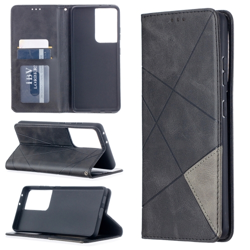 

For Samsung Galaxy S21 Ultra 5G Rhombus Texture Horizontal Flip Magnetic Leather Case with Holder & Card Slots(Black)