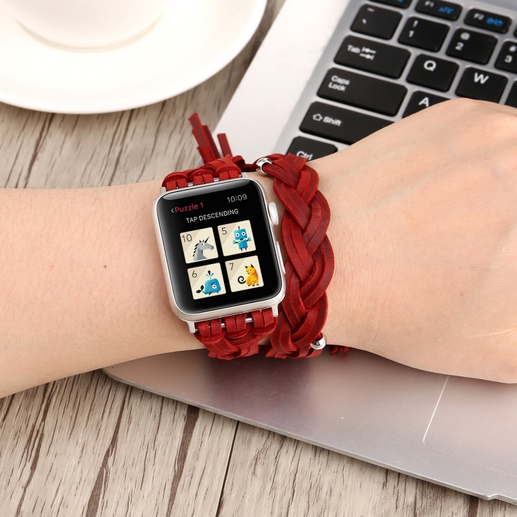 

Hand-woven Leather Watchband For Apple Watch Series 6 & SE & 5 & 4 44mm / 3 & 2 & 1 42mm(Red)