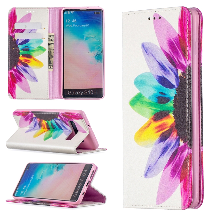 

For Samsung Galaxy S10 Plus Colored Drawing Pattern Invisible Magnetic Horizontal Flip PU Leather Case with Holder & Card Slots & Wallet(Sun Flower)
