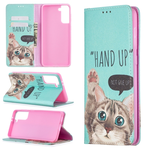 

For Samsung Galaxy S21+ 5G Colored Drawing Pattern Invisible Magnetic Horizontal Flip PU Leather Case with Holder & Card Slots & Wallet(Cat)