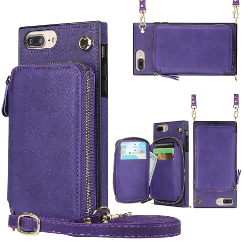 

Cross-body Zipper Big Wallet Bag Square TPU+PU Back Cover Case with Holder & Card Slots & Wallet & Strap For iPhone 8 Plus / 7 Plus(Purple)