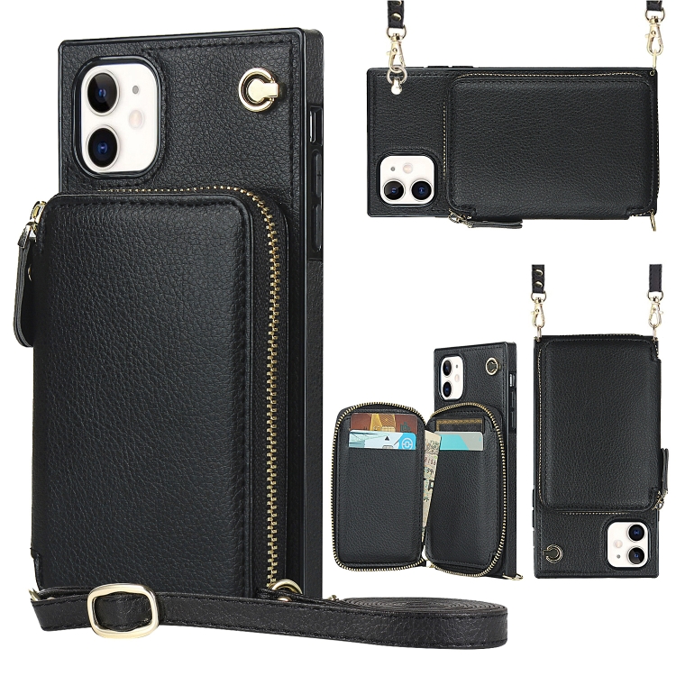 

Cross-body Zipper Big Wallet Bag Square TPU+PU Back Cover Case with Holder & Card Slots & Wallet & Strap For iPhone 11(Black)