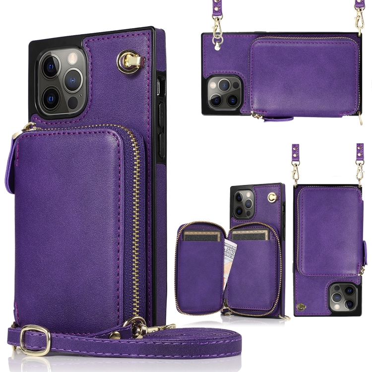 

Cross-body Zipper Big Wallet Bag Square TPU+PU Back Cover Case with Holder & Card Slots & Wallet & Strap For iPhone 12 / 12 Pro(Purple)