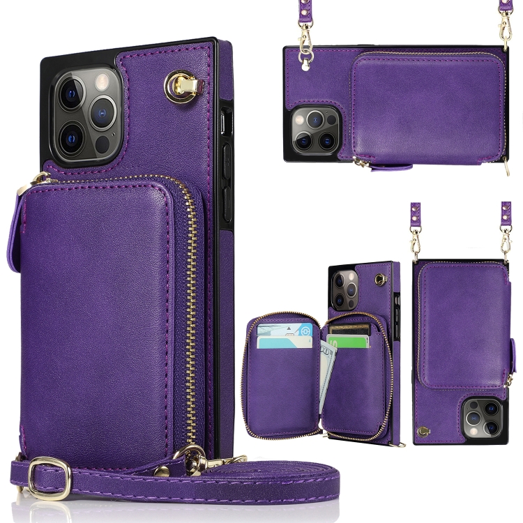

Cross-body Zipper Big Wallet Bag Square TPU+PU Back Cover Case with Holder & Card Slots & Wallet & Strap For iPhone 12 Pro Max(Purple)