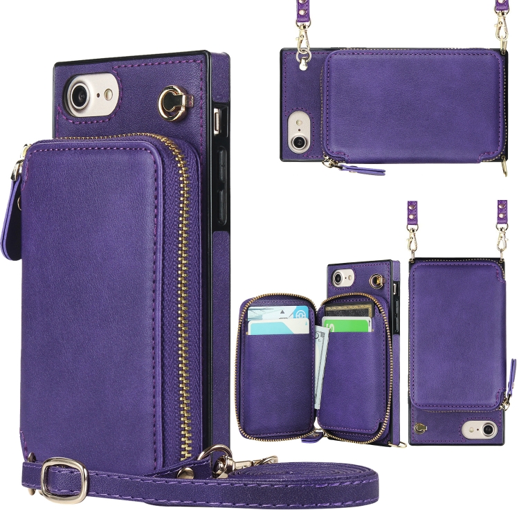 

Cross-body Zipper Big Wallet Bag Square TPU+PU Back Cover Case with Holder & Card Slots & Wallet & Strap For iPhone SE 2020 / 8 / 7(Purple)