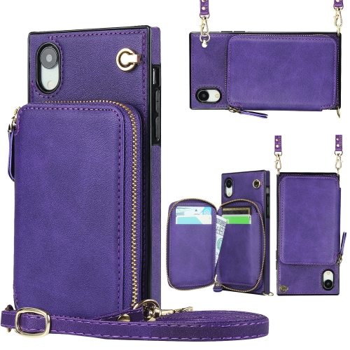 

Cross-body Zipper Big Wallet Bag Square TPU+PU Back Cover Case with Holder & Card Slots & Wallet & Strap For iPhone XR(Purple)