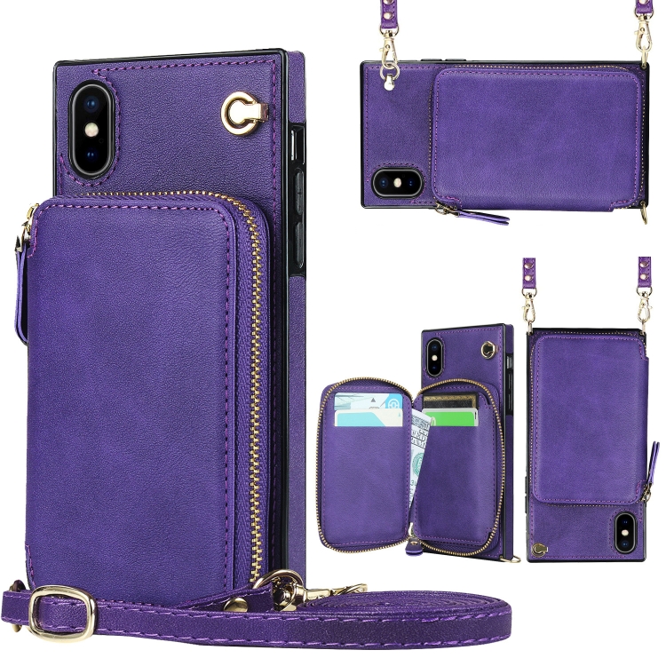 

Cross-body Zipper Big Wallet Bag Square TPU+PU Back Cover Case with Holder & Card Slots & Wallet & Strap For iPhone XS / X(Purple)