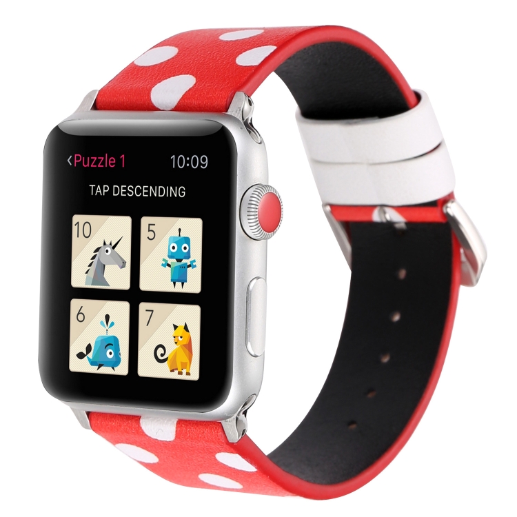 

Fashion Wave Dot Series Leather Replacement Watchbands For Apple Watch Series 6 & SE & 5 & 4 40mm / 3 & 2 & 1 38mm(White Waves Dot Red Background)
