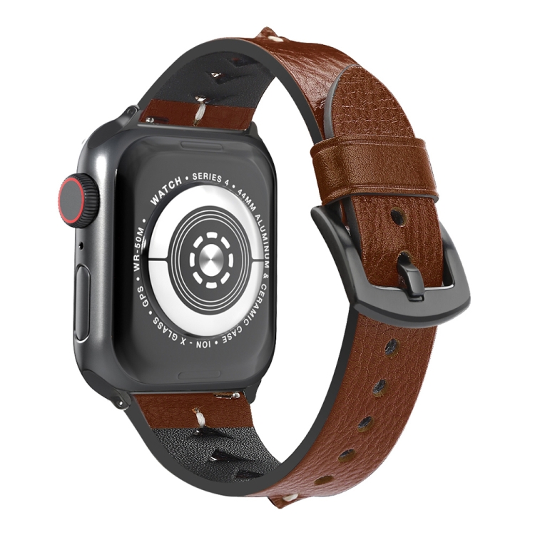 

Fish Bone Leather Watchband For Apple Watch Series 6 & SE & 5 & 4 40mm / 3 & 2 & 1 38mm(Dark Brown Wax)