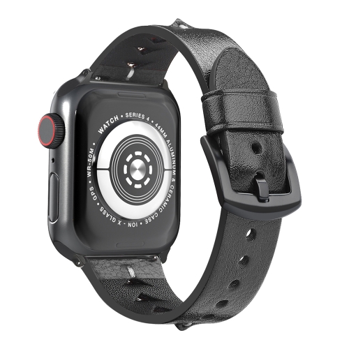

Fish Bone Leather Watchband For Apple Watch Series 6 & SE & 5 & 4 44mm / 3 & 2 & 1 42mm(Black Wax)