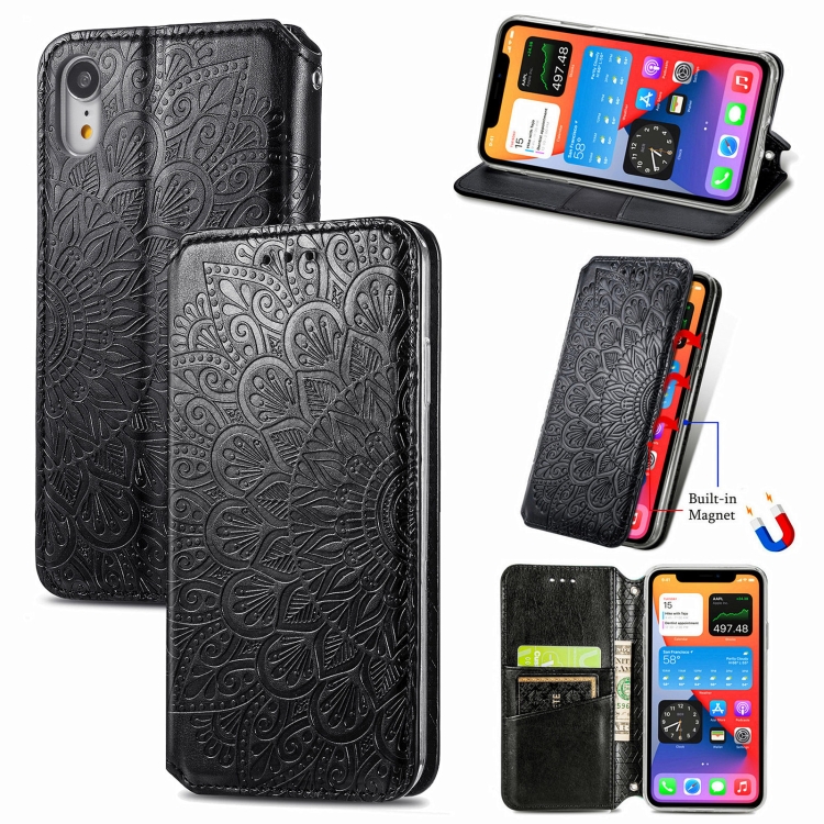 

Blooming Mandala Embossed Pattern Magnetic Horizontal Flip Leather Case with Holder & Card Slots & Wallet For iPhone XR(Black)