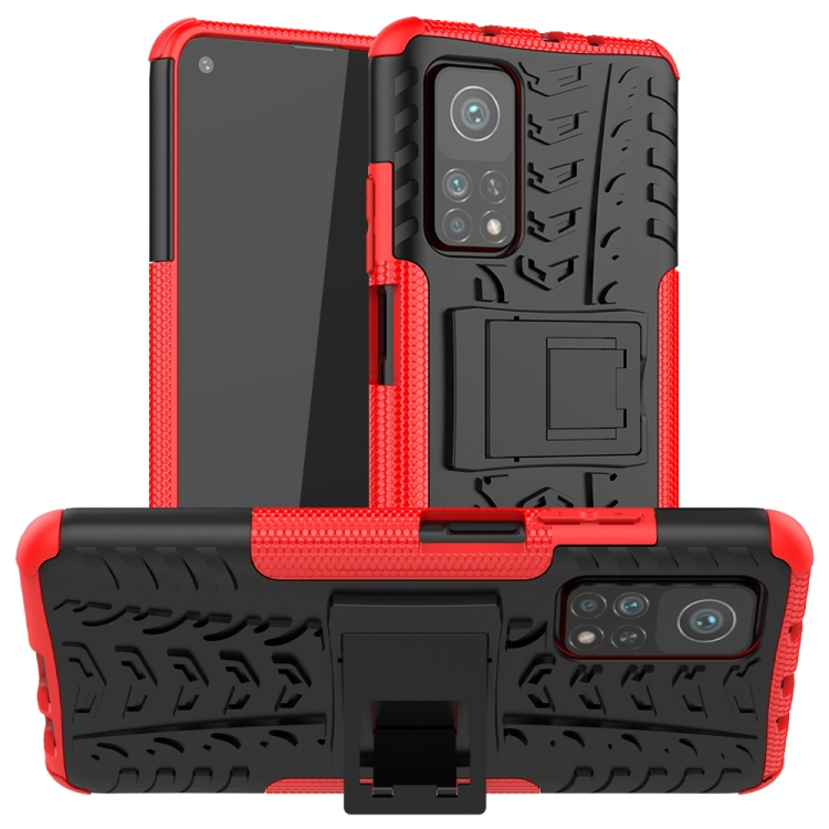 

For Xiaomi Mi 10T / 10T Pro 5G Tire Texture Shockproof TPU+PC Protective Case with Holder(Red)