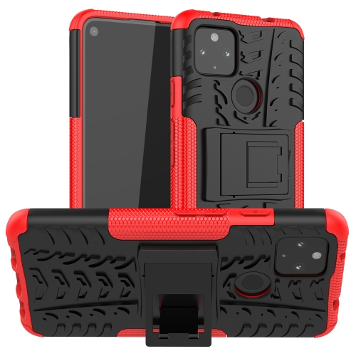 

For Google Pixel 4a 5G / Pixel 5 XL Tire Texture Shockproof TPU+PC Protective Case with Holder(Red)