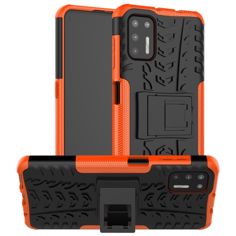 

For Motorola Moto G9 Plus Tire Texture Shockproof TPU+PC Protective Case with Holder(Orange)