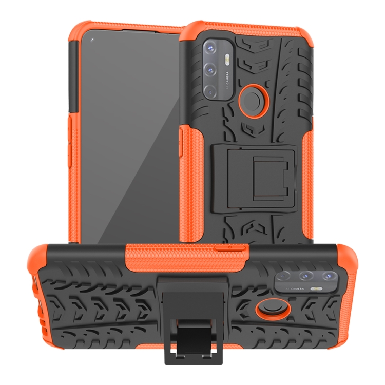 

For OPPO A53 / A32 Tire Texture Shockproof TPU+PC Protective Case with Holder(Orange)