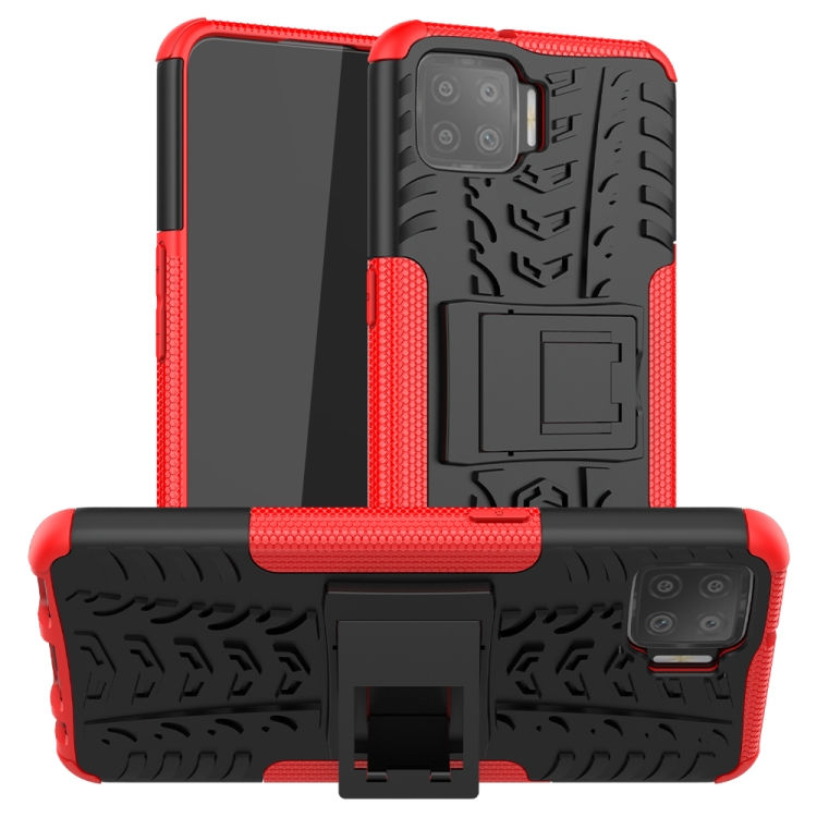 

For OPPO F17 Tire Texture Shockproof TPU+PC Protective Case with Holder(Red)