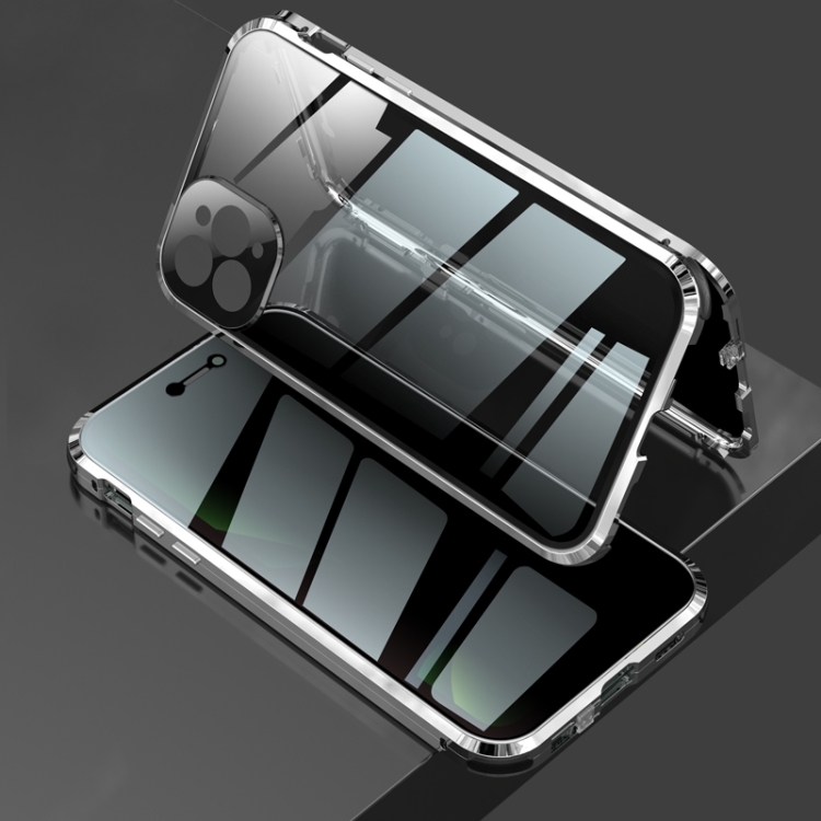 

Four-corner Shockproof Anti-peeping Magnetic Metal Frame Double-sided Tempered Glass Case For iPhone 11 Pro(Silver)