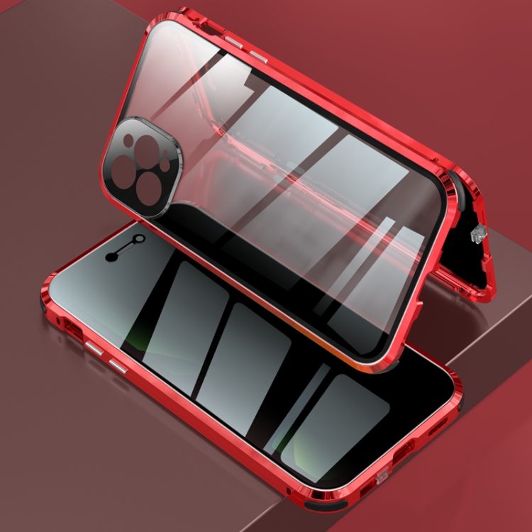 

Four-corner Shockproof Anti-peeping Magnetic Metal Frame Double-sided Tempered Glass Case For iPhone 12 Pro Max(Red)
