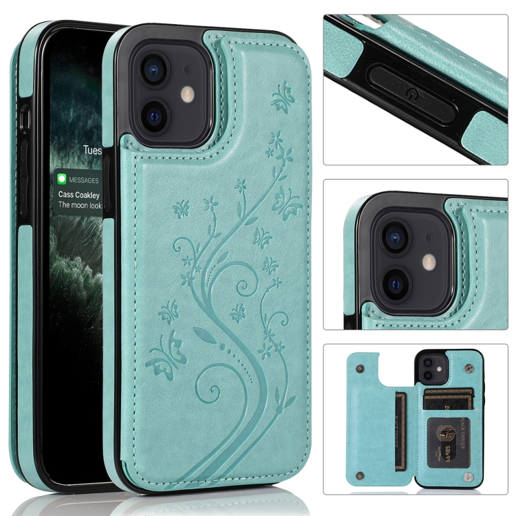 

Butterflies Flowers Double Buckle PU + TPU Protective Case with Holder & Card Slots & Photo Frame For iPhone 12 mini(Green)