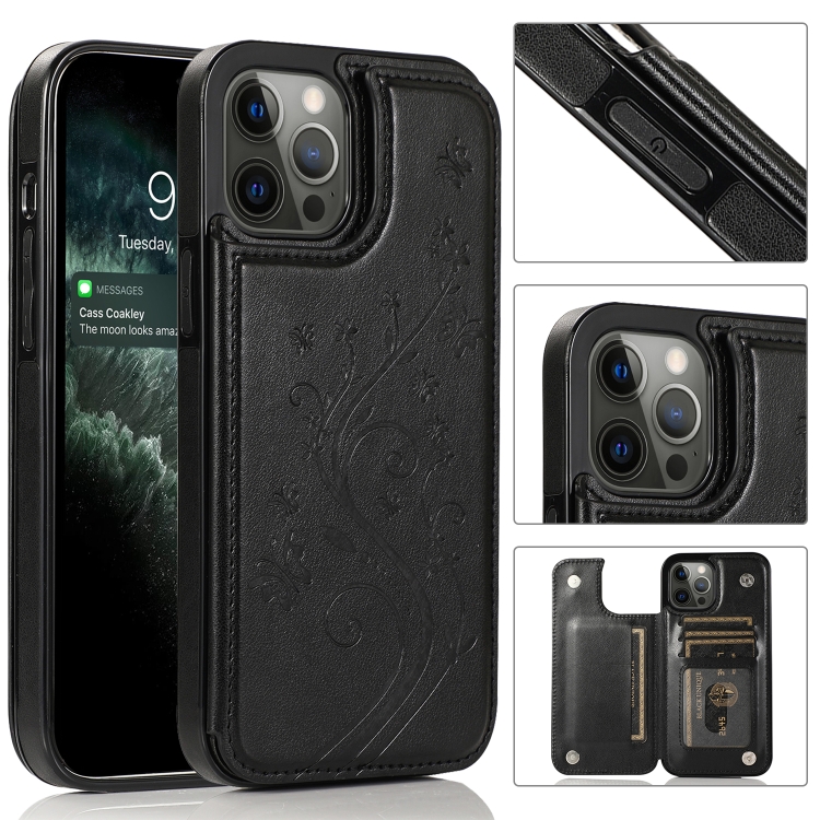 

Butterflies Flowers Double Buckle PU + TPU Protective Case with Holder & Card Slots & Photo Frame For iPhone 12 Pro Max(Black)