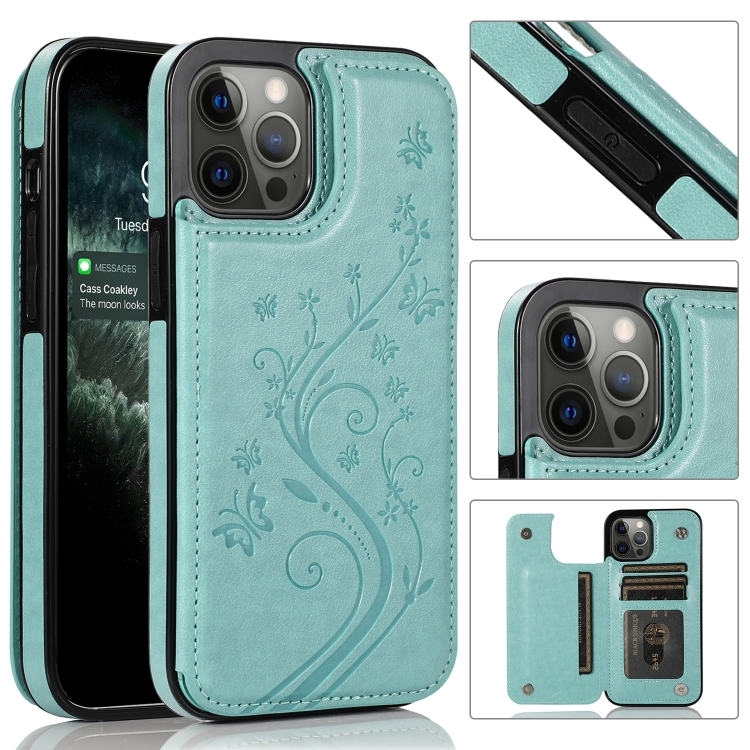 

Butterflies Flowers Double Buckle PU + TPU Protective Case with Holder & Card Slots & Photo Frame For iPhone 12 Pro Max(Green)