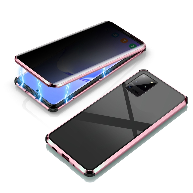 

For Samsung Galaxy S20 Ultra Four-corner Shockproof Anti-peeping Magnetic Metal Frame Double-sided Tempered Glass Case(Pink)