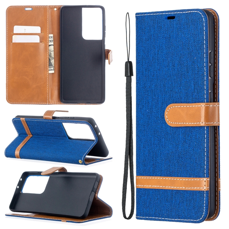 

For Samsung Galaxy S21 Ultra 5G Color Matching Denim Texture Horizontal Flip Leather Case with Holder & Card Slots & Wallet & Lanyard(Blue)
